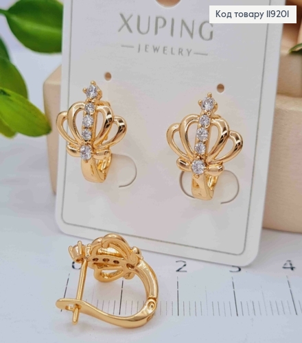 Сережки "Корона" прикрашені Блискучими камінцями, 1,6см, англійська застібка, Xuping 18K 119201 фото 2