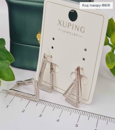 Сережки родованные "Лестница Пенроуз" украшены блестящими камешками, 2,1см, англ. зам., XUPING 181691 фото 3
