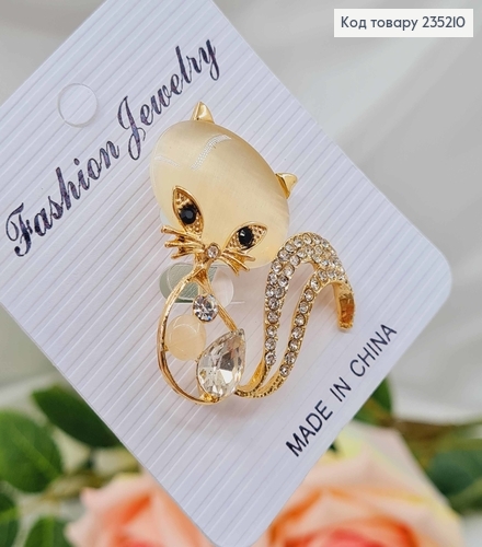 Брошь металл, "Киса", золотого цвета, с камнями, 4,5см 235210 фото 2