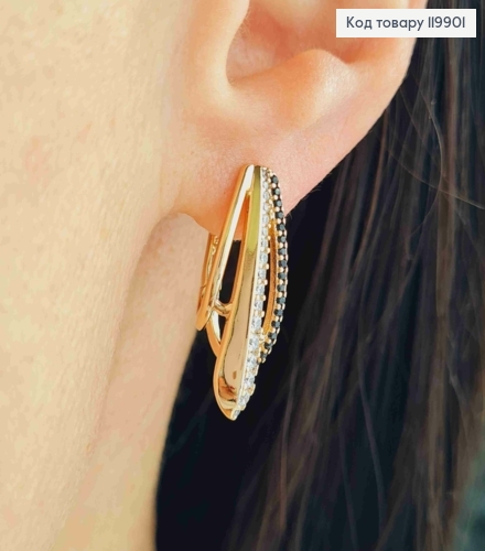 Серьги овальные украшены Блестящими и Чёрными камешками, 2,3см, англ. застежка, Xuping 18К 119901 фото 2