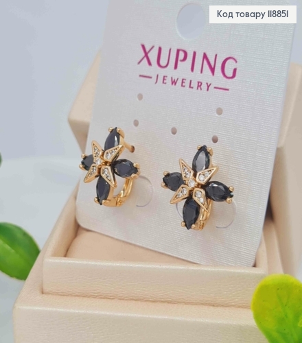 Серьги "Звездный Цветок" с Черными и Блестящими камешками, 1,5см, английская застежка, Xuping 18К 118851 фото 2