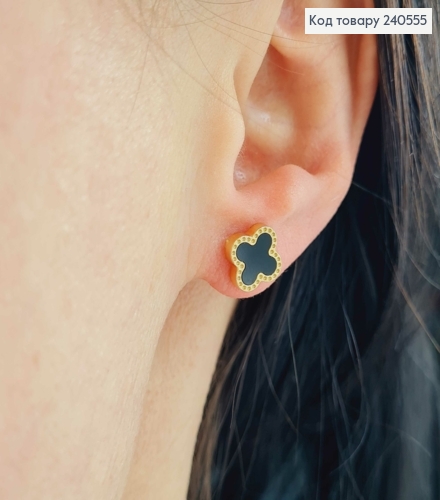 Серьги гвоздики лимонного цвета с черной эмалью "Van Cleef", 1см, сталь Stainless Steel 240555 фото 2