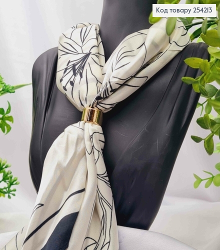 Хустка з колечком, кольору Айворі з малюнком "Квітка", 70*70см, 100% поліестр (шовк) 254213 фото 2