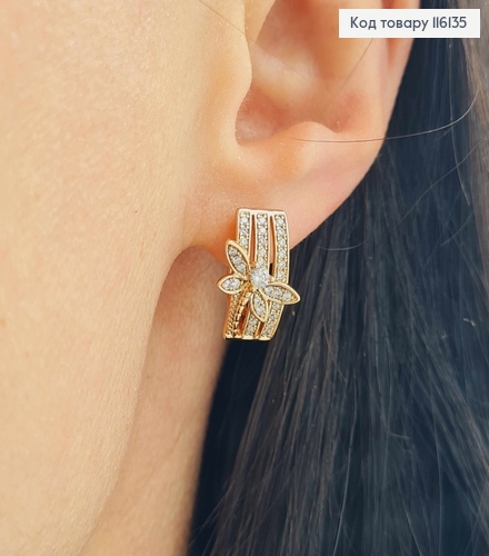 Серьги, пластинки в камешках с Бабкой, 1,5см, англ. застежка, Xuping 18К 116135 фото 2