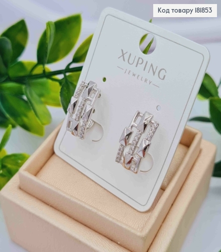 Серьги родованные "Прямоугольные" украшены Блестящими камешками, 1,6см, английская застежка, Xuping 181853 фото 2