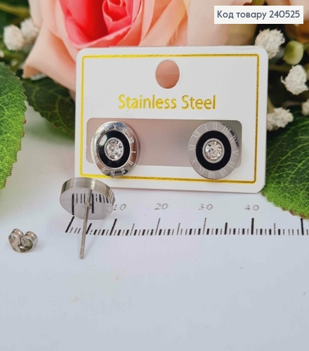 Сережки родовані гвіздки "Римський годинник" з чорною вставкою та камінцем, 1.4см, Stainless Steel 260027 фото 2