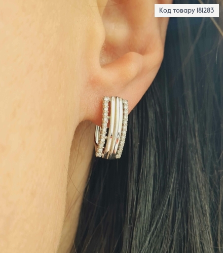 Серьги родованные, пластинки, рифленые с двумя линиями камней, англ. застежка 1,5см, Xuping 181283 фото 2