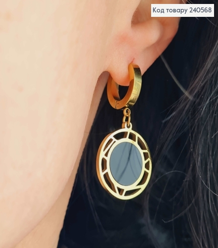 Серьги кольца с круглыми подвесками, с черной эмалью, ажурные, 1,5см, лимонные, сталь Stainless Steel 260042 фото 3