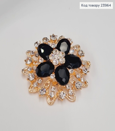 Брошка метал Цветок с черными камушками 6х6см 235164 фото 3