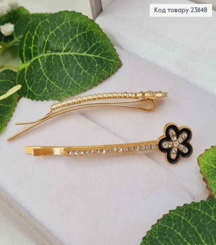 Набір невидимок (2шт) 6,5см, в камінцях, З Квіточкою з чорною емалькою, 2шт/наб. 231148 фото 2