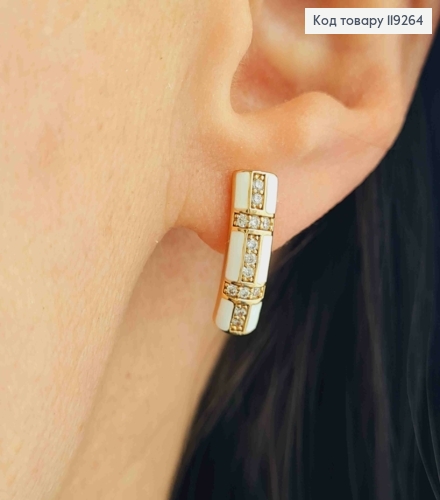 Серьги Прямоугольные с Белой эмалью и Блестящими камешками, 1,7см, английская застежка, Xuping 18K 119264 фото 2