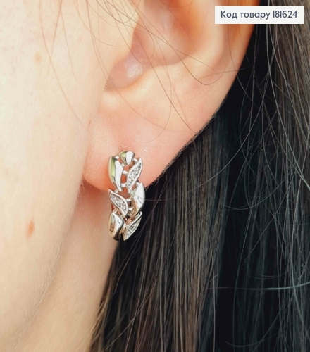 Серьги родованные "Лавровая Веточка" с Блестящими камешками, 1,5см, англ. застежка XUPING 181624 фото 3