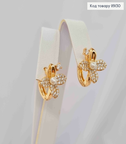 Серьги кольца (1,2см) с цветком Четырехлистник украшен камнями и жемчужиной (1,3см), XUPING 18K 119130 фото 2