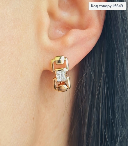 Серьги с двумя квадратиками и камешком,1,5см, англ. зам. Xuping 18K 115649 фото 2