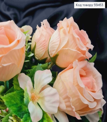 Штучна композиція Троянди з Жасміном, ПЕРСИКОВО-КРЕМОВІ, 7 гілочок на метал. стержні, висота 33см 551453 фото 3