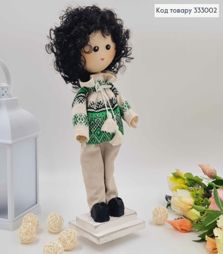 Кукла Мальчик, "Кудрявый" в рубашке с зеленым орнаментом, высота 31см, ручная работа, Украина. 333002 фото 2