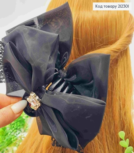 Краб пластик з "БАНТИКОМ" з органзи+мереживо з Блискучим каменем, 15*10см, Чорного кольору 212301 фото 2