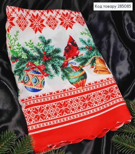 Скатерть новогодняя красная "Орнамент с вышивкой и новогодней веткой", размер 110*110см 285085 фото 3