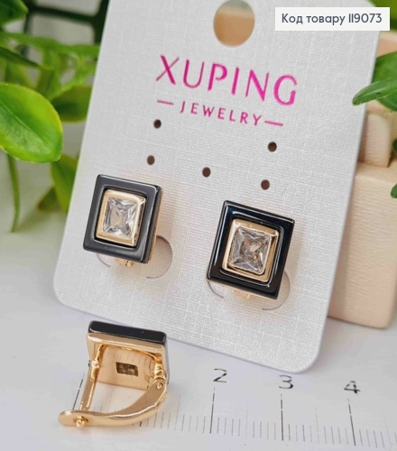 Серьги "Квадратные" с Черной эмалью и камнем внутри, 1,1*1,1см, английская застежка, XUPING 18K 119073 фото 3
