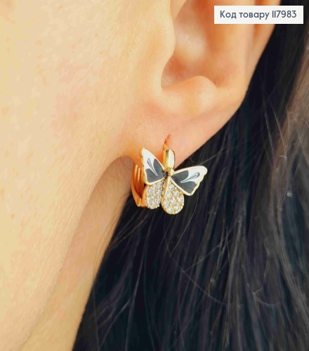 Серьги кольца (1,3см) "Бабочка" с Чорно-Белой эмалью и Блистательными камешками, 1см, Xuping 18K 117983 фото 3