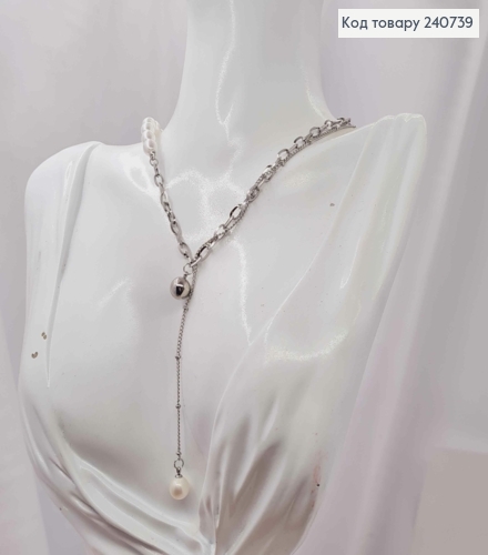 Цепочка серебряного цвета, с овальными жемчужинами + удлинитель, 40+5см, сталь Stainless Steel 240739 фото 2