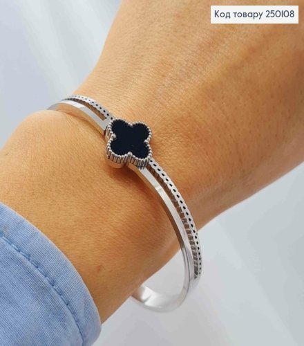 Браслет овальний срібного кольору, Van Cleef з Чорною емаллю, 18см, Stainless Steel 250108 фото 2