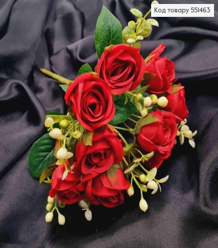 Штучна композиція Троянди, ЧЕРВОНОГО кольору, 5 гілочок, 10 квіточок на метал. стержні, висота 30см 551463 фото 2