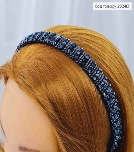 Обруч пластик, ТЕМНО-СИНЬОГО кольору,  плетений Стеклярусом та Бісером, ширина 1,5см 292413 фото 2