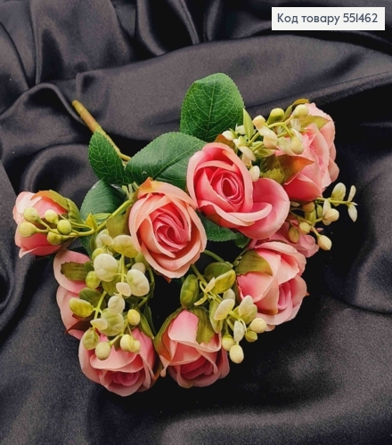 Штучна композиція Троянди, РОЖЕВОГО кольору, 5 гілочок, 10 квіточок на метал. стержні, висота 30см 551462 фото 2