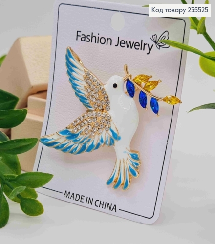 Брошь металл "ГОЛУБ МИРА" с веточкой из Желто-Синих камней, 5,5*6см 235525 фото 2