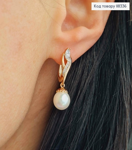 Сережки "МРІЯ" прикрашені камінцями та Перлинкою, 1,6+1,2см, англійська застібка, XUPING 18K 118336 фото 2