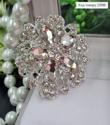 Брошка метал Цветок серебро с большими камушками 5,5х5,5см 235181 фото 3