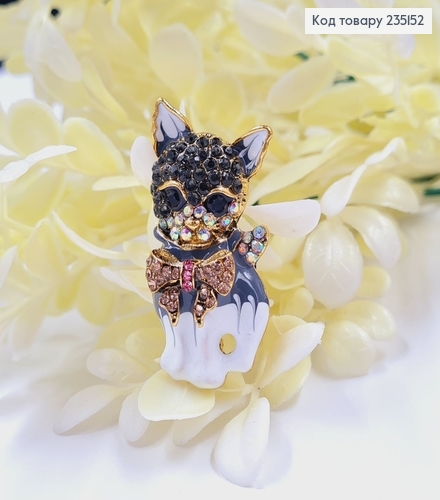 Брошка "Кот с бантиком" в разноцветных камушках 4.5*2 см, cеро-белая эмаль. 235152 фото 2
