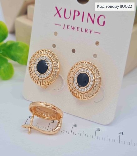 Сережки ВЕРСАЧЕ з Блискучими камінцями та Чорною емаллю, 1,5см, англійська застібка, Xuping 18К 110022 фото 2