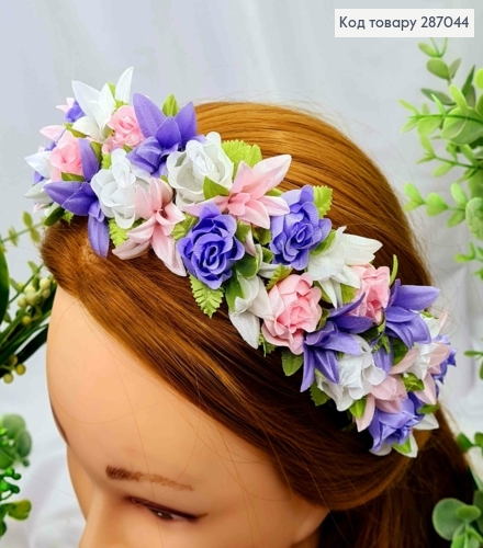 Обруч-віночок, плетений,  Троянди з Лілією, БІЛО-РОЖЕВО-ФІОЛЕТОВОГО кольору, ручна робота, Україна 287044 фото 2