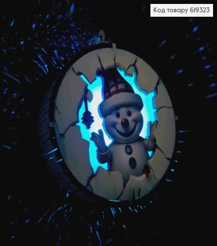 Игрушка на елку деревянная со СНЕГОВИКОМ (светится), 9*3см, Украина 619323 фото 2