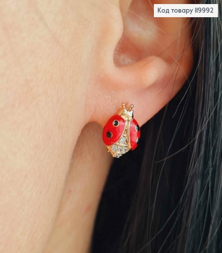 Серьги кольца "Бедрик" (1,2см) с блестящими камешками и красной эмалью, диаметр 1см, Xuping 18K 119992 фото 2