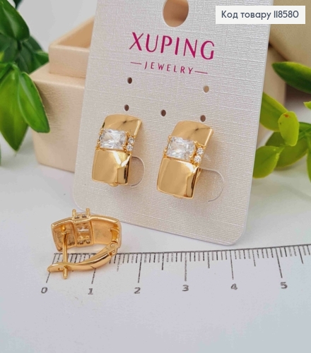 Серьги прямоугольная пластина украшена блестящим камнем, 1,6см, английская застежка, Xuping 18К. 118580 фото 3