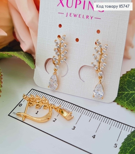 Серьги, Веточки в камешках, с подвеской камешком 7мм, англ. зам. Xuping 18K 115747 фото 2