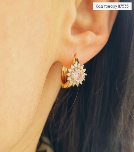 Серьги кольца 1,5см, с Блестящим Розовым Камешком в оправе из камешков, Xuping 18K 117535 фото 3