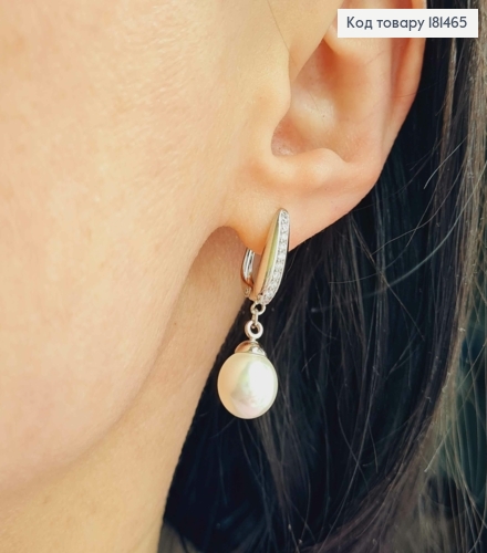 Сережки родованные, в ряд Камешки с подвесной жемчужиной, 3см, англ застежка, Xuping 181465 фото 2