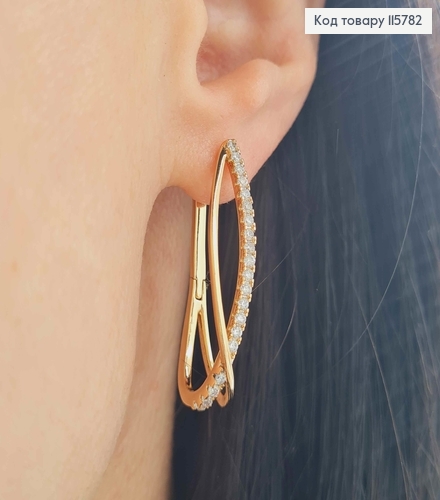 Серьги полукольца, с переплетами и строчкой камешков, 3см, англ. зам. Xuping 18K 115782 фото 2