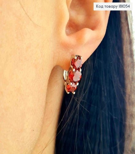 Серьги родованные "Трио", с красными камешками, 1,5см, англ. зам. Xuping 181054 фото 2