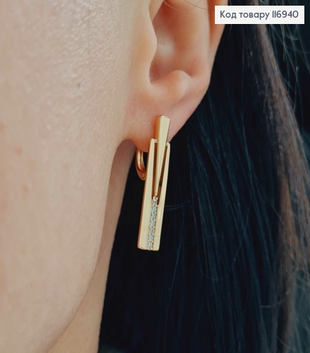 Сережки пластинки, з рядочком камінців, 3см, англ. заст. Xuping 18K 116940 фото 2