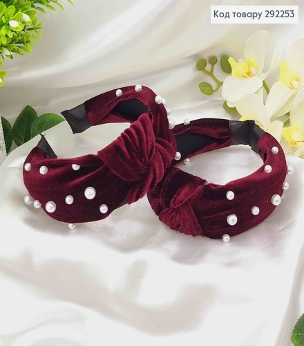 Обруч велюр Чалма с бусинками, цвет БОРДОВЫЙ, ручная работа, Украина 292253 фото 2