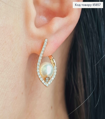 Серьги "Соцветие" с жемчужиной, в камнях, 2,5см, англ. зам Xuping 18К 115857 фото 2