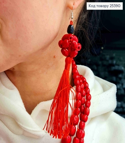 Серьги крючки из Деревянных бусин + Кисточка, Красного цвета, 3,4+8,5см, Ручная работа 25390 фото 2