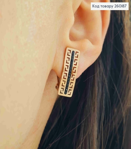 Сережки кліпси мідного кольору, ВЕРСАЧЕ з Чорними камінцями, 2*0,6см, Stainless Steel 260187 фото 2