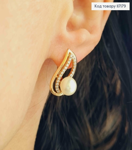 Серьги "Листочек с жемчужиной", размер 2*0,9см, английская застежка, Xuping 18K 117179 фото 3