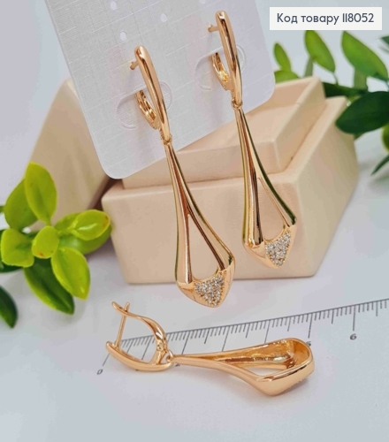 Серьги с удлиненными треугольными подвесками в камешках, 1,8+3,8см, англ. зам, Xuping 18K 118052 фото 3